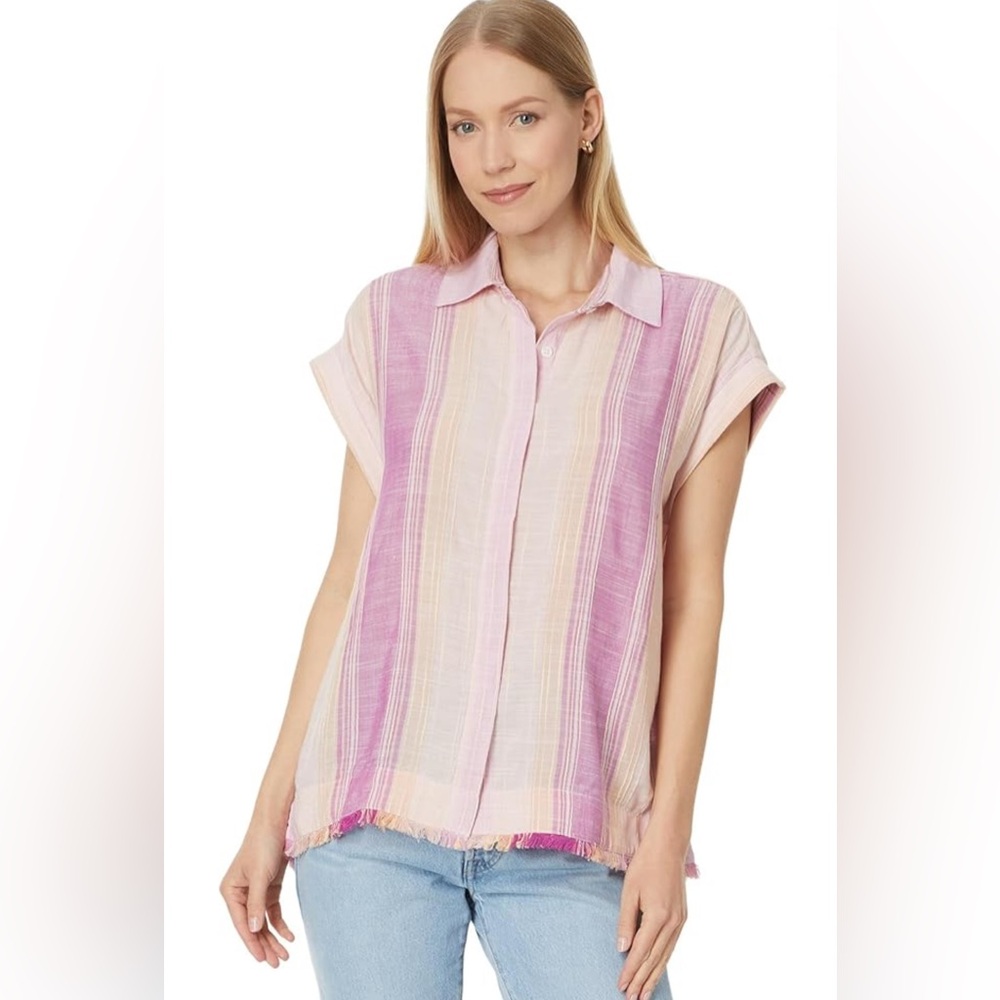 Liverpool Pink and Purple Cap Sleeve Polo Button Down Fray hem Size small
